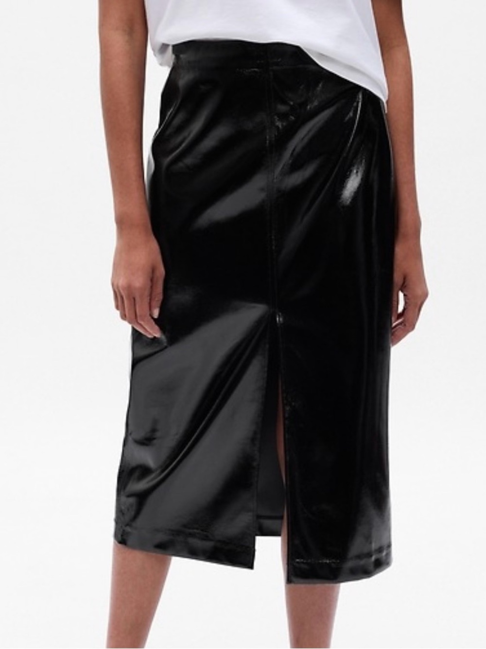 NEW Gap Black Glossy Vegan Leather Midi Front Slit Y2K Skirt